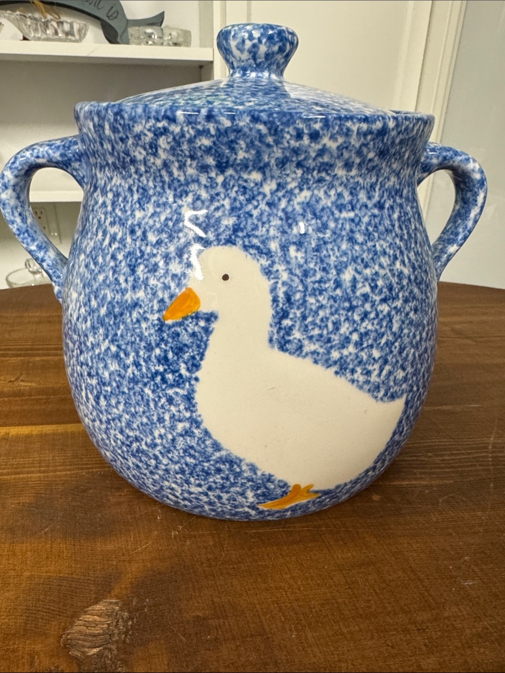 Blue Speckled Ceramic Goose Cookie Jar with Lid